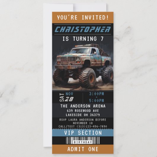 Monster Truck Ticket Birthday Party Kaart (Voorkant)