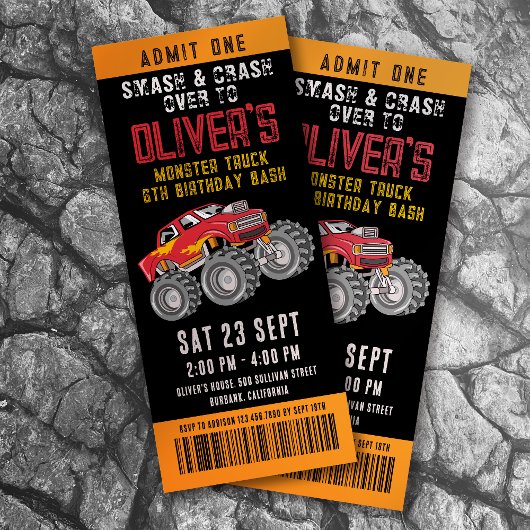 Monster Truck Ticket Birthday Party Kaart