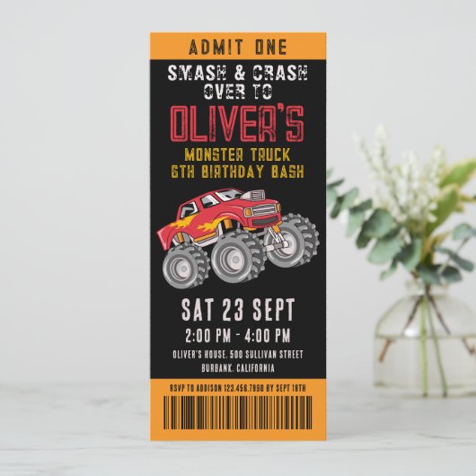 Monster Truck Ticket Birthday Party Kaart (Staand voorkant)