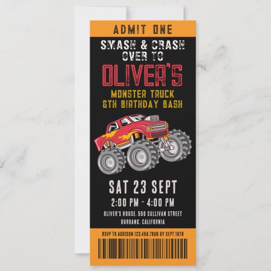 Monster Truck Ticket Birthday Party Kaart (Voorkant)