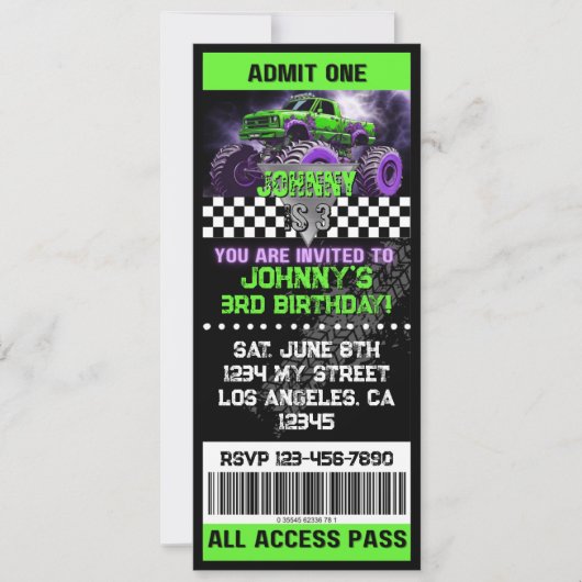 Monster Truck Ticket Uitnodiging (Voorkant)