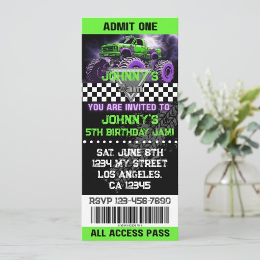Monster Truck Ticket Verjaardag Uitnodiging (Staand voorkant)