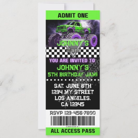 Monster Truck Ticket Verjaardag Uitnodiging (Voorkant)