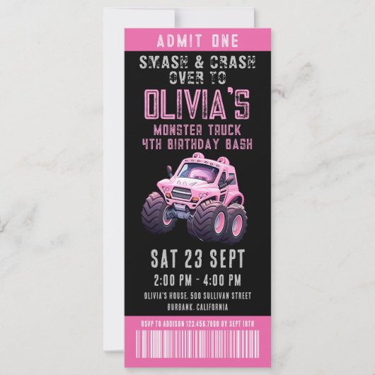 Monster Truck Ticket Verjaardagsfeestje van het Me Kaart (Voorkant)