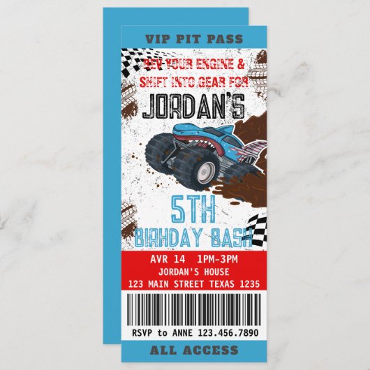 Monster Truck Ticket Verjaardagsfeestuitnodiging Kaart (Voorkant / Achterkant)