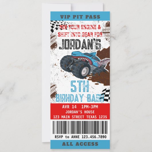 Monster Truck Ticket Verjaardagsfeestuitnodiging Kaart (Voorkant)