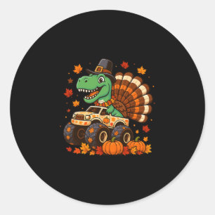 Monster Truck Trex Dinosaur Kalkoen Herfst Thanksg Ronde Sticker