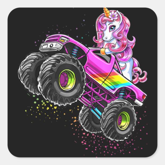 Monster Truck Unicorn Birthday Vierkante Sticker (Voorkant)