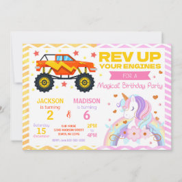 Monster Truck & Unicorn Joint Birthday Invitation Kaart