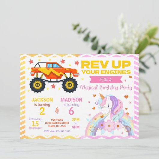 Monster Truck & Unicorn Joint Birthday Invitation Kaart (Staand voorkant)