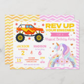 Monster Truck & Unicorn Joint Birthday Invitation Kaart (Voorkant / Achterkant)