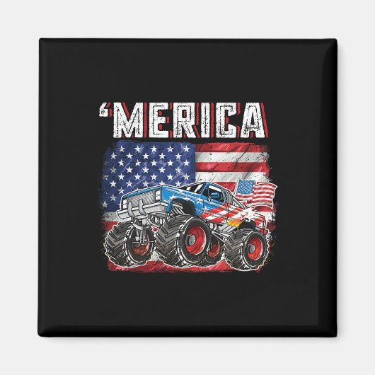 Monster Truck USA Flag Merica Mannen Boys 4th of J Magneet (Voorkant)