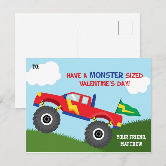 Monster Truck Valentijnsdag Kaart Kinder (voor jon (Voorkant / Achterkant)