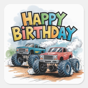 Monster Truck Verjaardag Bash Waterverf Art Vierkante Sticker