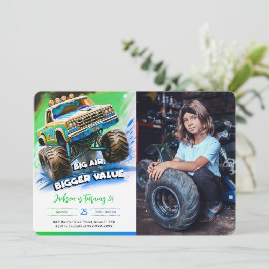Monster Truck Verjaardag Foto Kaart (Staand voorkant)