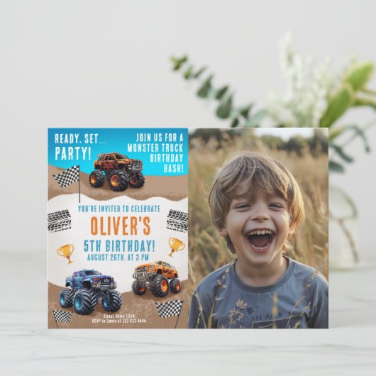 Monster Truck Verjaardag met Foto Kaart (Staand voorkant)