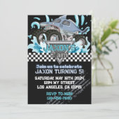 Monster Truck Verjaardag Uitnodiging-Blauwe Haai Kaart (Staand voorkant)