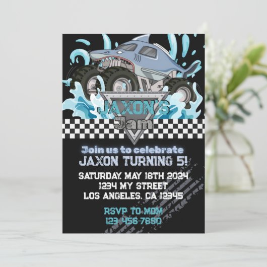 Monster Truck Verjaardag Uitnodiging-Blauwe Haai Kaart (Staand voorkant)