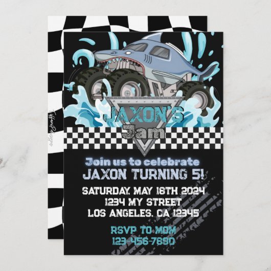 Monster Truck Verjaardag Uitnodiging-Blauwe Haai Kaart (Voorkant / Achterkant)
