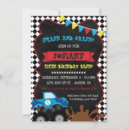 Monster Truck Verjaardag Uitnodiging Geruite Vlag (Voorkant)