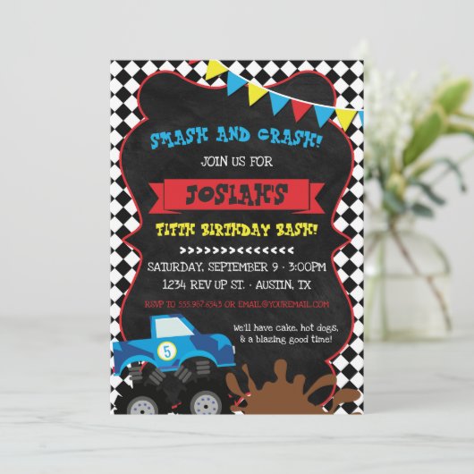 Monster Truck Verjaardag Uitnodiging Geruite Vlag (Staand voorkant)