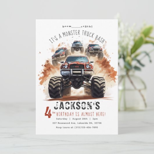 Monster Truck Verjaardag uitnodiging | Monstertruc (Staand voorkant)