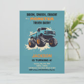 Monster Truck Verjaardag Uitnodigingen Blauw (Staand voorkant)