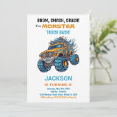 Monster Truck Verjaardag Uitnodigingen Blauw (Staand voorkant)