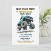Monster Truck Verjaardag Uitnodigingen Blauw Wit (Staand voorkant)