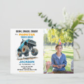 Monster Truck Verjaardag Uitnodigingen Blauwe Foto (Staand voorkant)