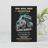 Monster Truck Verjaardag Uitnodigingen Blue Jump (Staand voorkant)