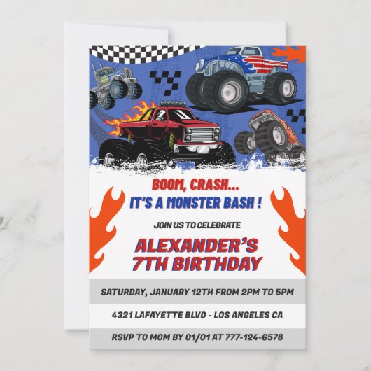 Monster truck verjaardag uitnodigingen Boom Crash (Voorkant)