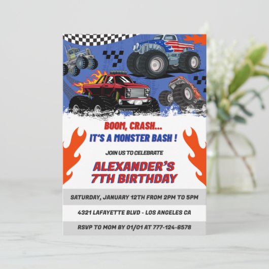 Monster truck verjaardag uitnodigingen Boom Crash (Staand voorkant)