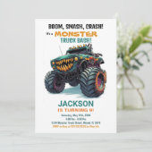 Monster Truck Verjaardag Uitnodigingen Groen (Staand voorkant)