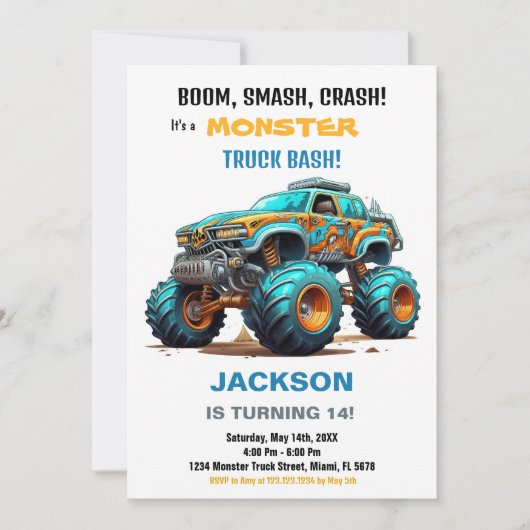 Monster Truck Verjaardag Uitnodigingen Groen Blauw (Voorkant)