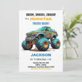 Monster Truck Verjaardag Uitnodigingen Groen Blauw (Staand voorkant)