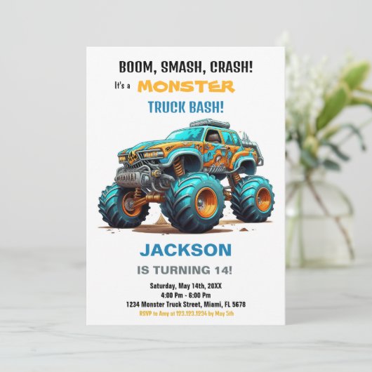 Monster Truck Verjaardag Uitnodigingen Groen Blauw (Staand voorkant)