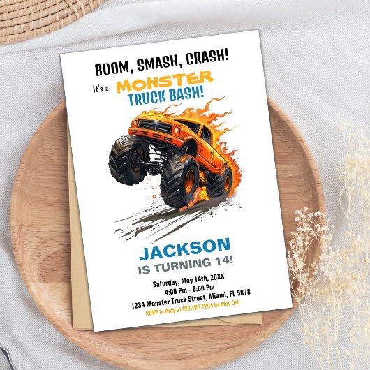 Monster Truck Verjaardag Uitnodigingen Groen Blauw