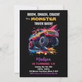 Monster Truck Verjaardag Uitnodigingen Roze Zwart (Voorkant)