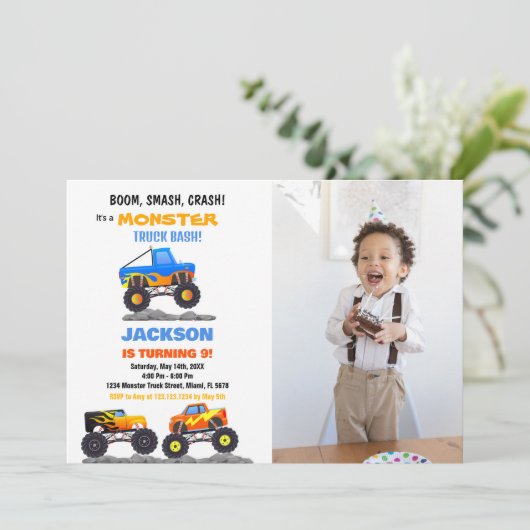 Monster Truck Verjaardag Uitnodigingen Trucks Foto (Staand voorkant)