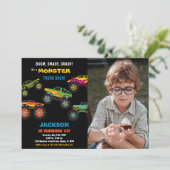 Monster Truck Verjaardag Uitnodigingen Zwart Foto (Staand voorkant)