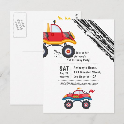 Monster Truck Verjaardagsfeestje Briefkaart (Voorkant / Achterkant)