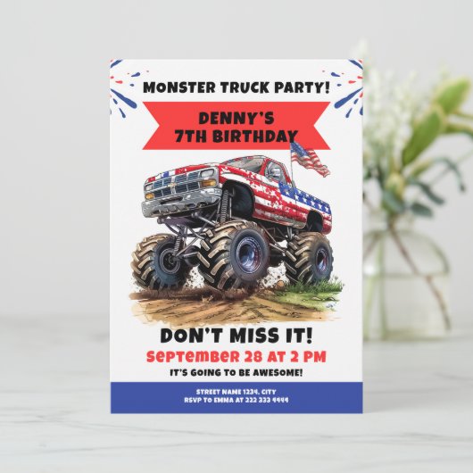 Monster truck verjaardagsfeestje met gewaagde off- kaart (Staand voorkant)