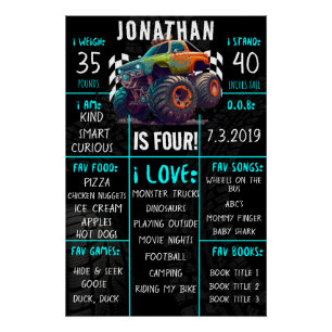 Monster Truck Verjaardagsfeestje Mijlpaal teken Perfect Poster
