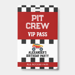 Monster Truck Verjaardagsfeestje Pit Crew VIP Pas Badge