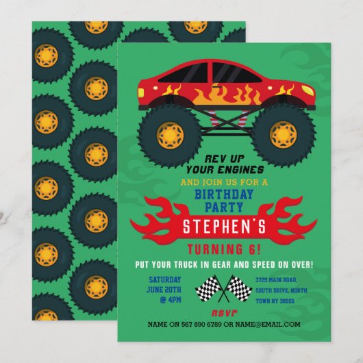 Monster Truck Verjaardagsfeestje Vlammen Groot Uit Kaart (Voorkant / Achterkant)
