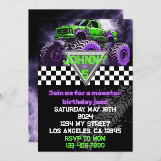 Monster Truck verjaardagsuitnodiging Kaart (Voorkant / Achterkant)