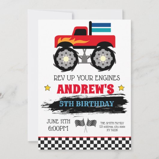Monster truck verjaardagsuitnodiging kaart (Voorkant)