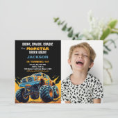 Monster Truck Verjaardagsuitnodigingen Foto Geel Kaart (Staand voorkant)