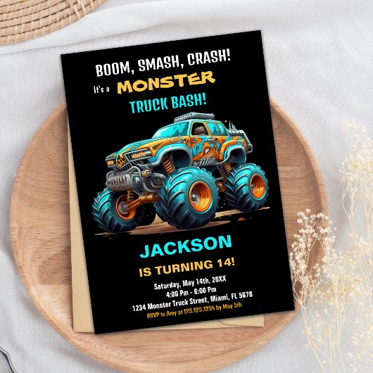 Monster Truck-verjaardagsuitnodigingen Groen Blauw Kaart